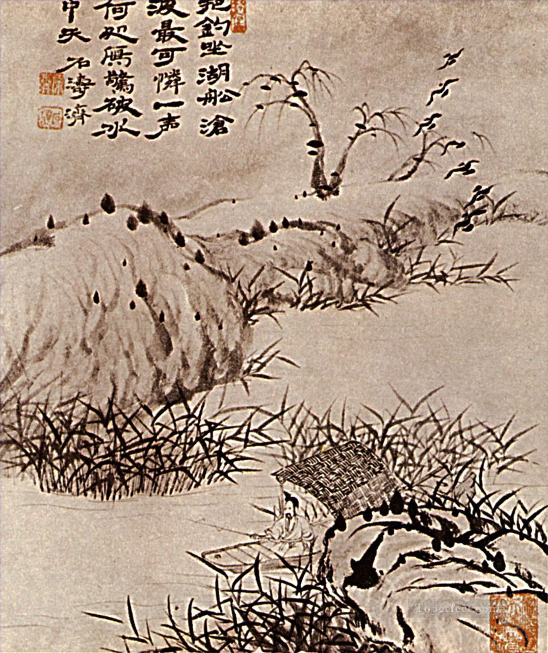 Shitao el solitario ha pescando tinta china antigua de 1707 Pintura al óleo